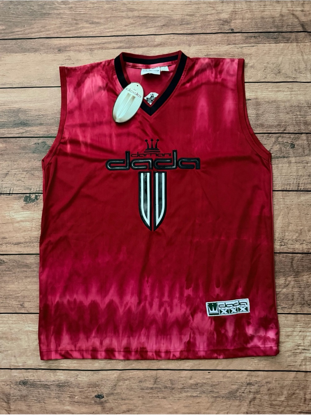 Size L: Vintage Y2K Men’s Dada Supreme Red Distressed Jersey Sleeveless Shirt